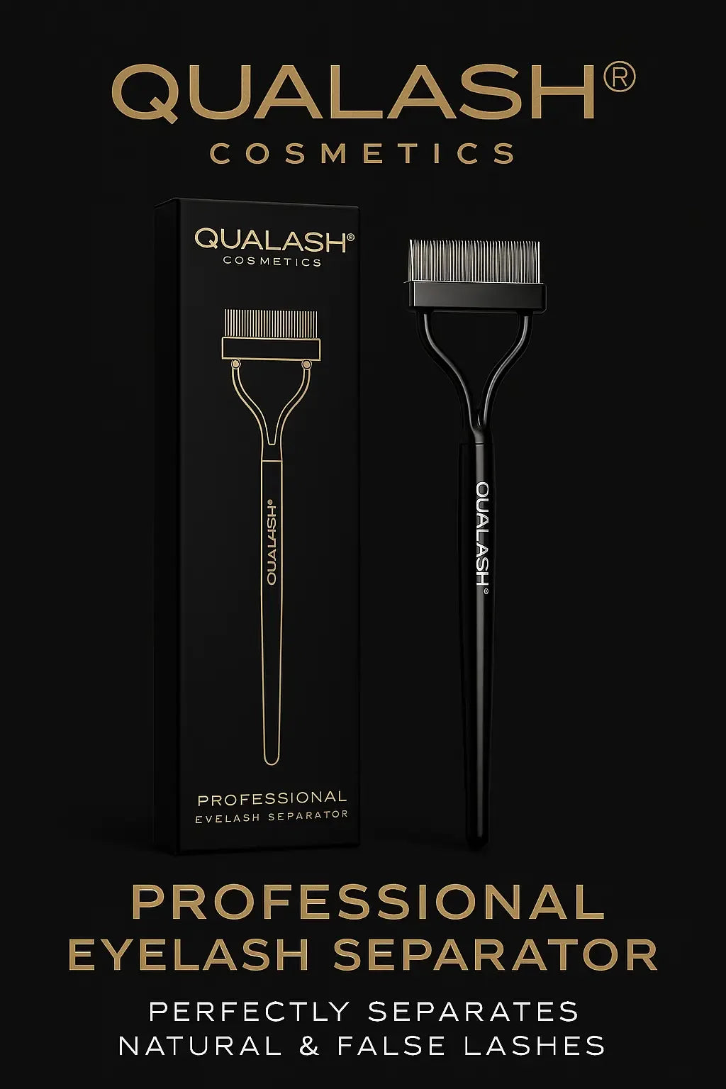 QUALASH Professional Eyelash Separator – promotional banner image with text overlay