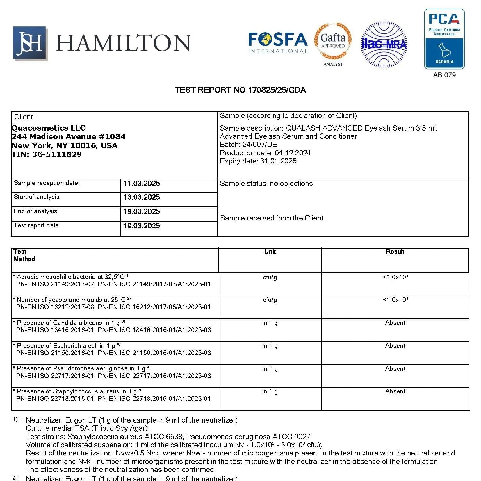 Hamilton test report for quacosmetics llc’s advanced eyelash serum 3.5 ml, detailing microbiological analysis results and compliance with various international standards.