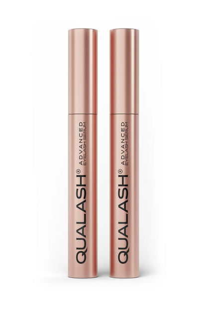 Close-up of two QUALASH Advanced Eyelash Serum bottles – DUO SET promotional image