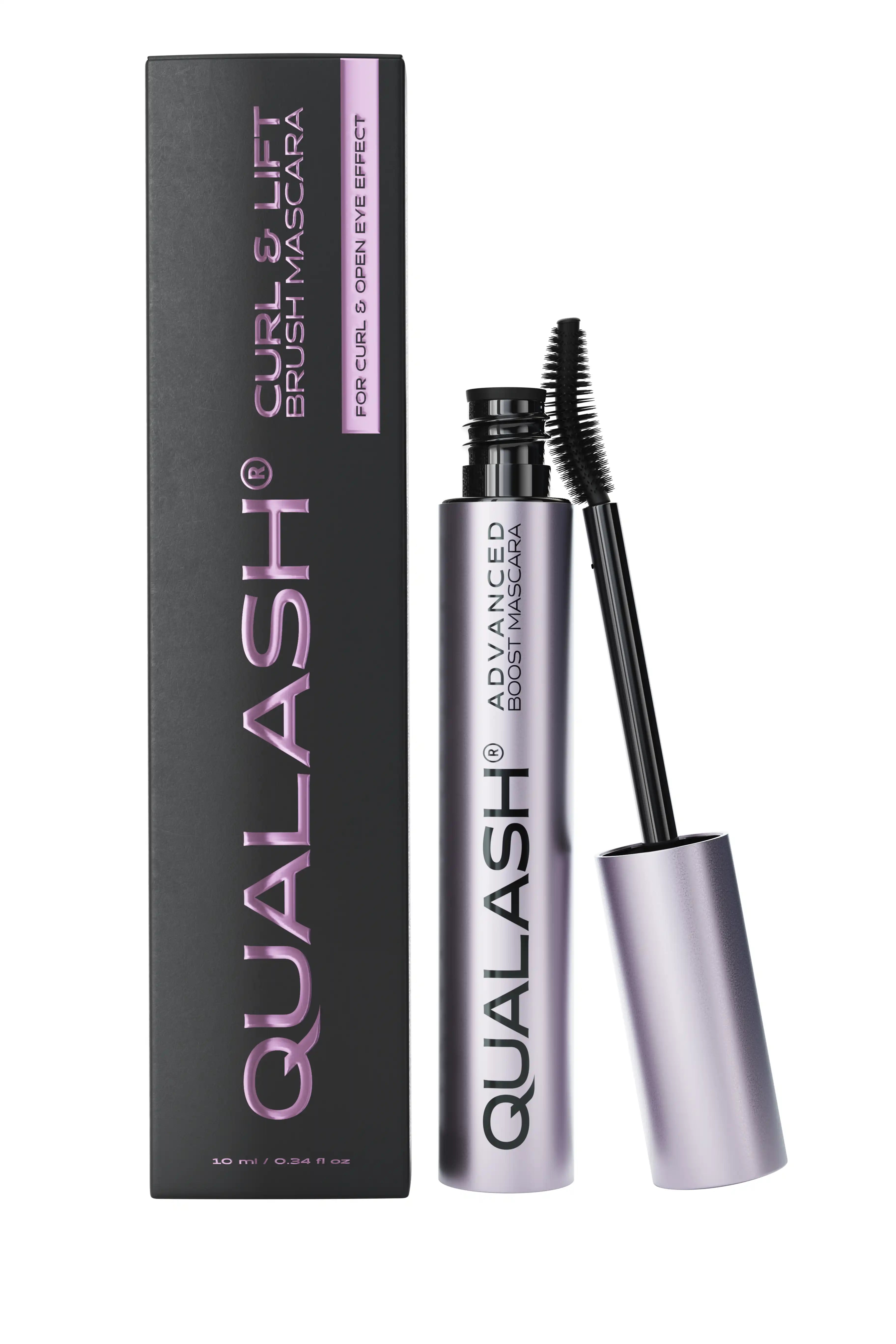 QUALASH Curl &amp; Lift Mascara displayed with packaging and opened wand for curl and open eye effect